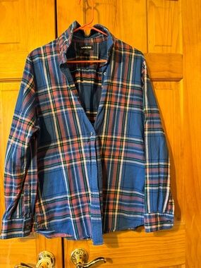 Lands' End Blue Plaid Flannel Shirt with Pink and Green Stripes